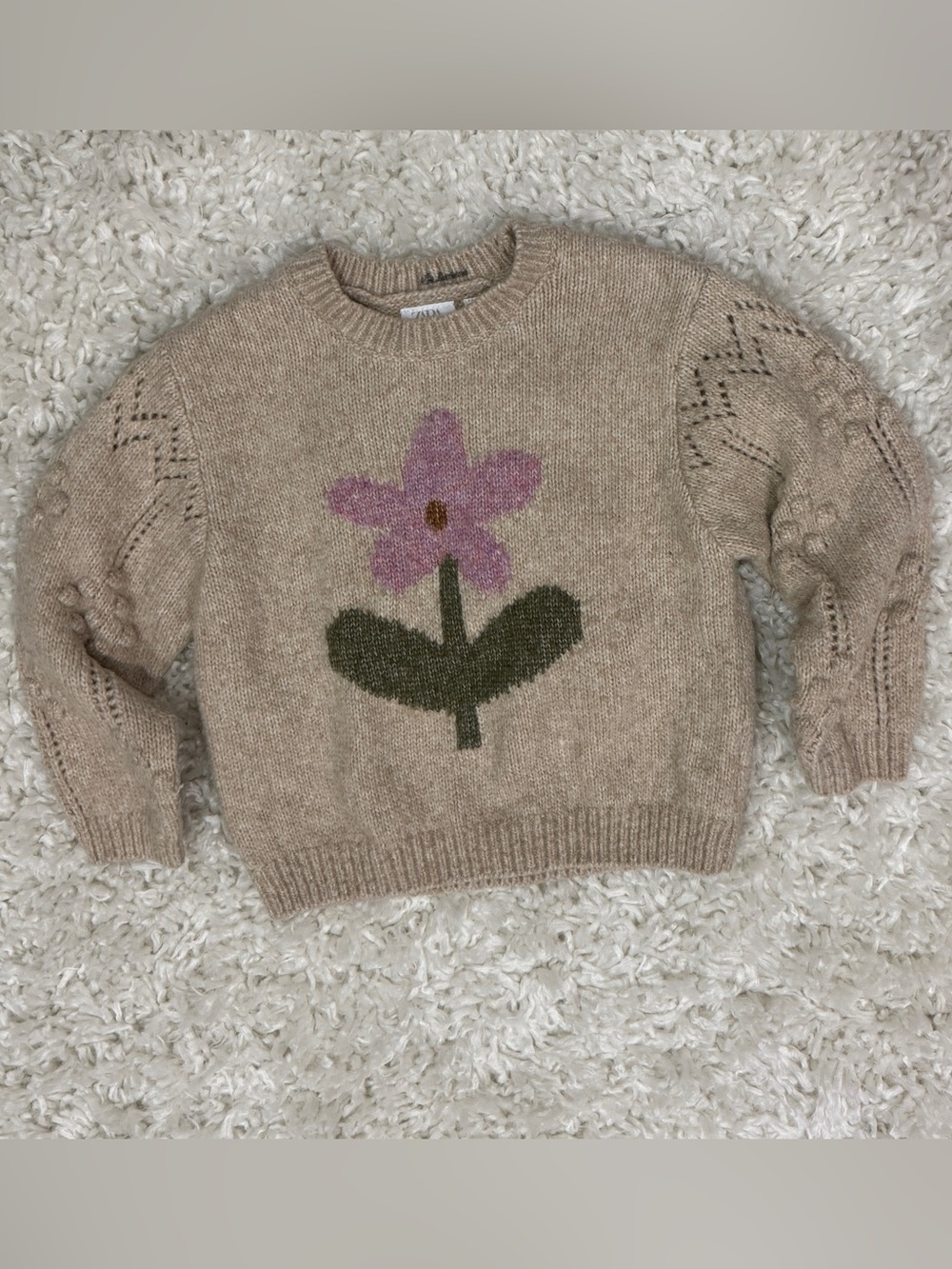 Zara Beige Knit Crewneck Sweater with Pink Flower Size 3 Years